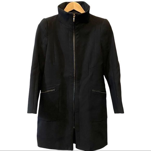 Zara knee length trench coat black faux leather trim cowl high neck size large - Picture 1 of 7